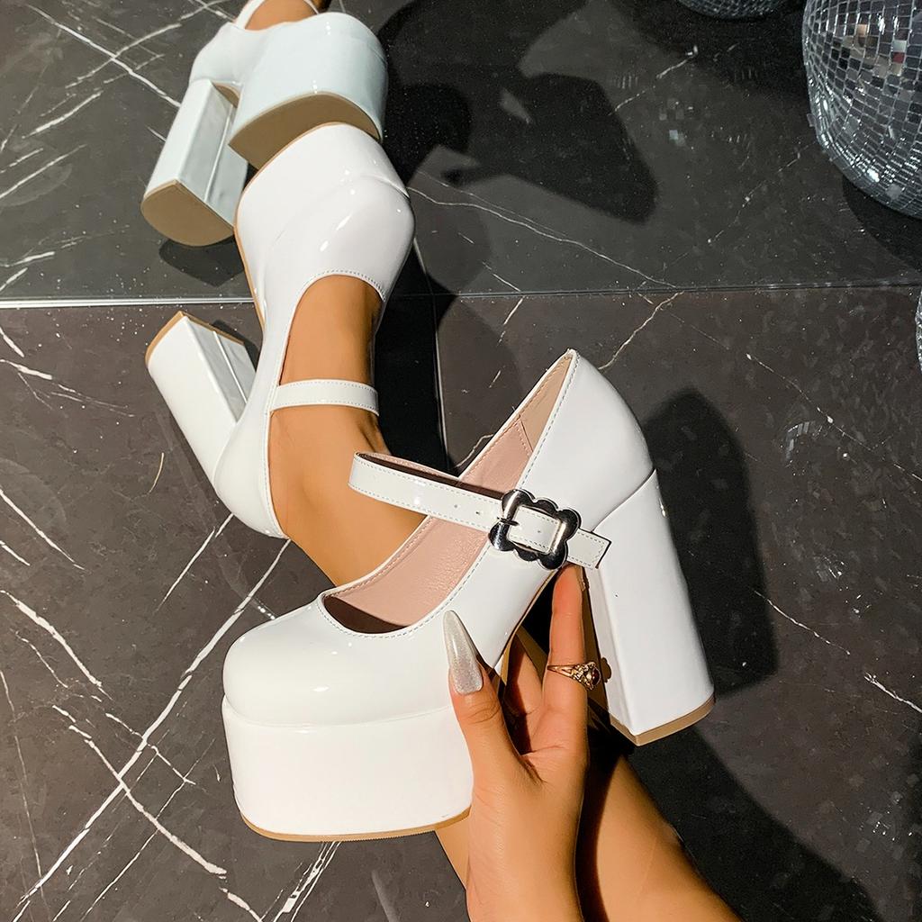 Super High Heel Shoes Round Head Shallow Mouth Pumps Metal Buckle Thick Heel Shoes Waterproof Platform Mary Jane Shoes Women