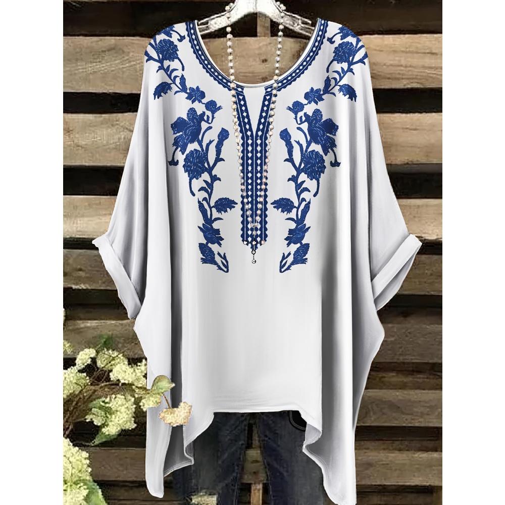 Women T-Shirts Bohemian Vacation Simple Pattern Print Tops Irregular Hemp Round Neck Fashion Versatile Short Sleeve Y2k Clothes