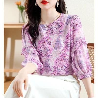 Γαλλικό λουλουδάτο πουκάμισο σιφόν με βολάν με 3/4 μανίκια μπλούζα με κάτω μέρος Γυναικεία Άνοιξη Καλοκαίρι Νέα Φαρδιά Εφαρμογή Slim Top M-4XL