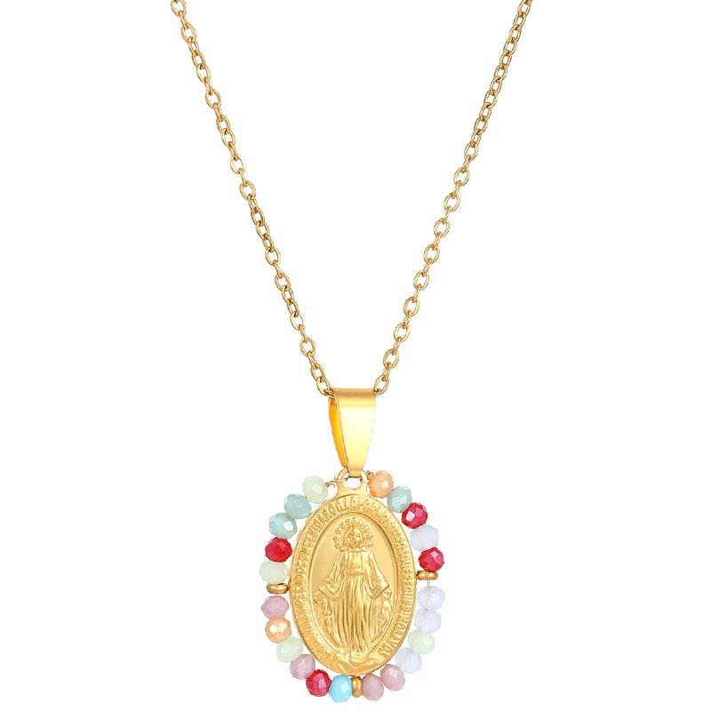 Christian Catholic Accessory Trendy Our Lady Virgin Mary Necklaces Stainless Steel Oval Pendant Neck Chains for Women
