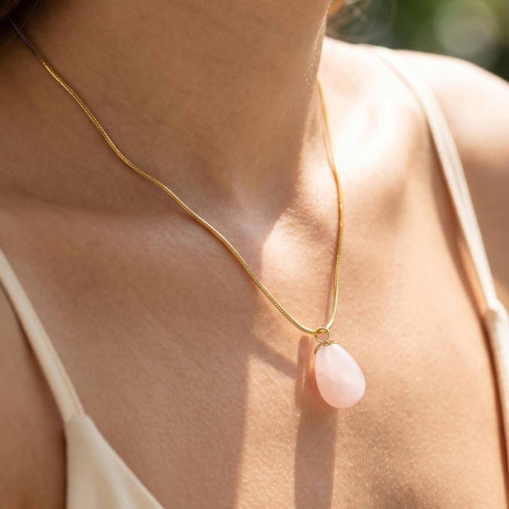 Vnox Elegant Natural Pink Quartz Green Aventurine Pendant Necklaces for Women, Waterdrop Gemstone Snake Chain Party Jewelry Gift