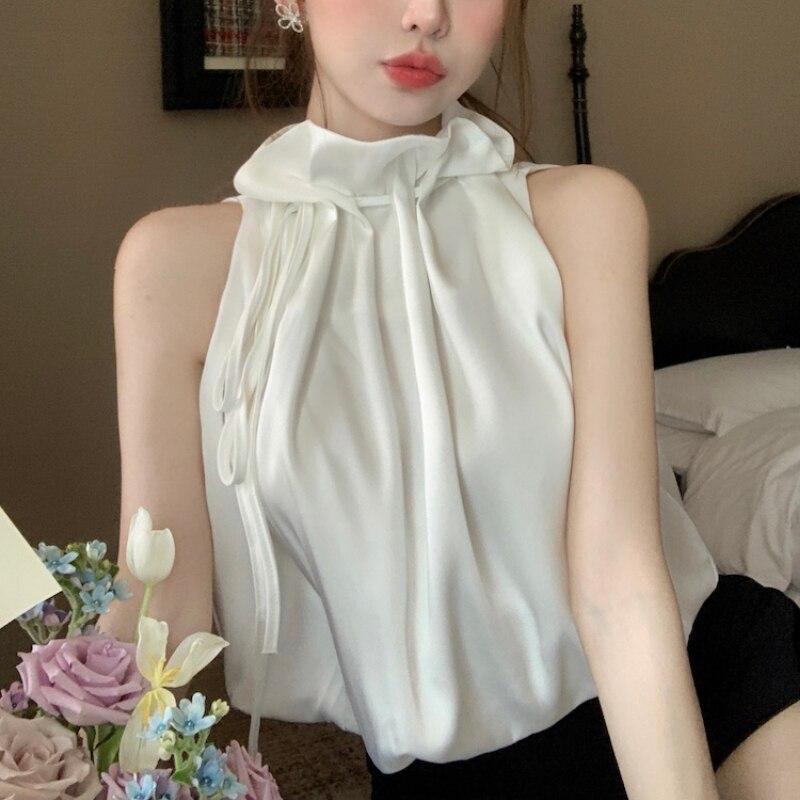 Sexy Sleeveless Vest Summer Short Tops Tank Top Women Vests Fashion Flower Bud Collar Drawstring Solid Color Chic Clothes 26811