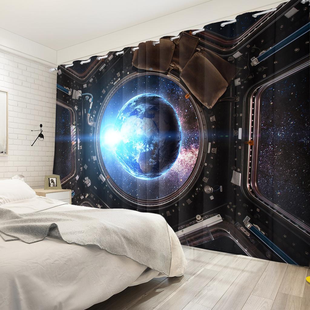 2pcs/set 3D Spacecraft Cabin Window Curtain Science Fiction Futurism Bedroom Living Room Decor Blackout Polyester Fabric Curtain