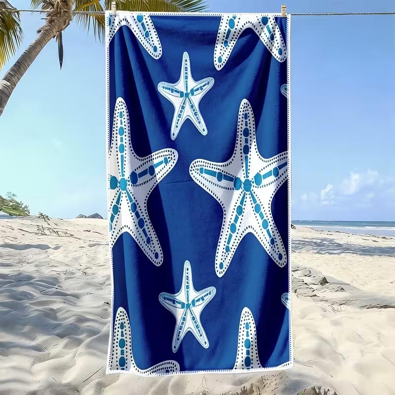 Light Blue Starfish Seashell Print Beach Towel Bath Towel Nautical Ocean Design For Swimming Camping Seaside Holiday