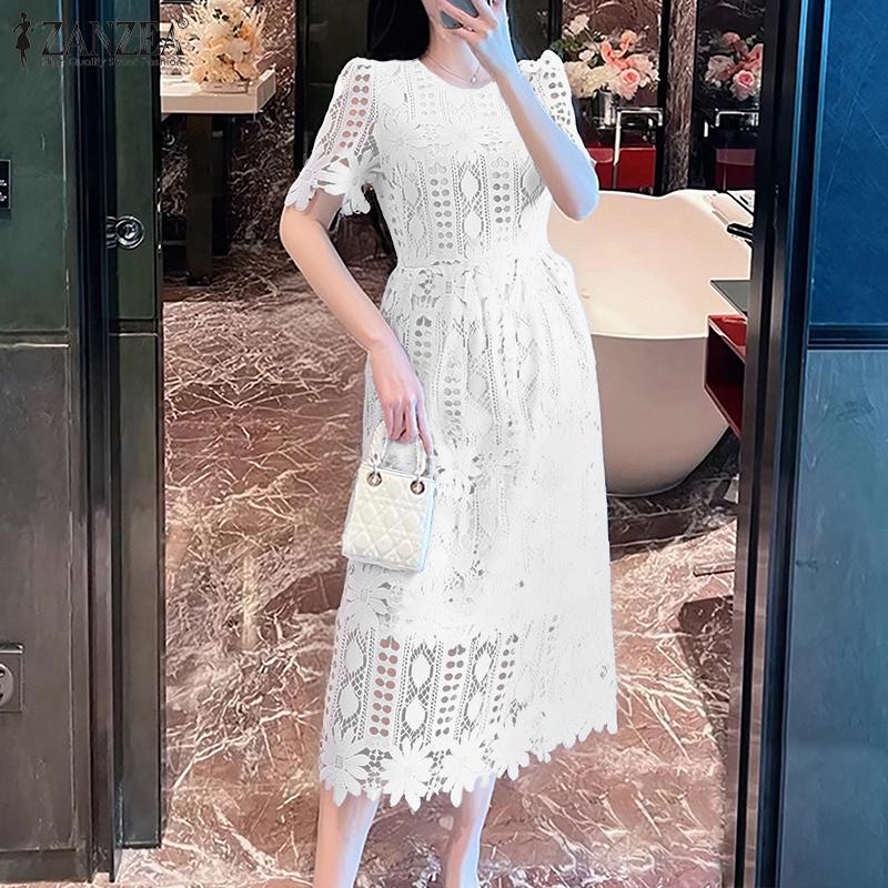 ZANZEA Women Casual Round Neck Short Sleeve Lace Ctochet Patchwork Dress