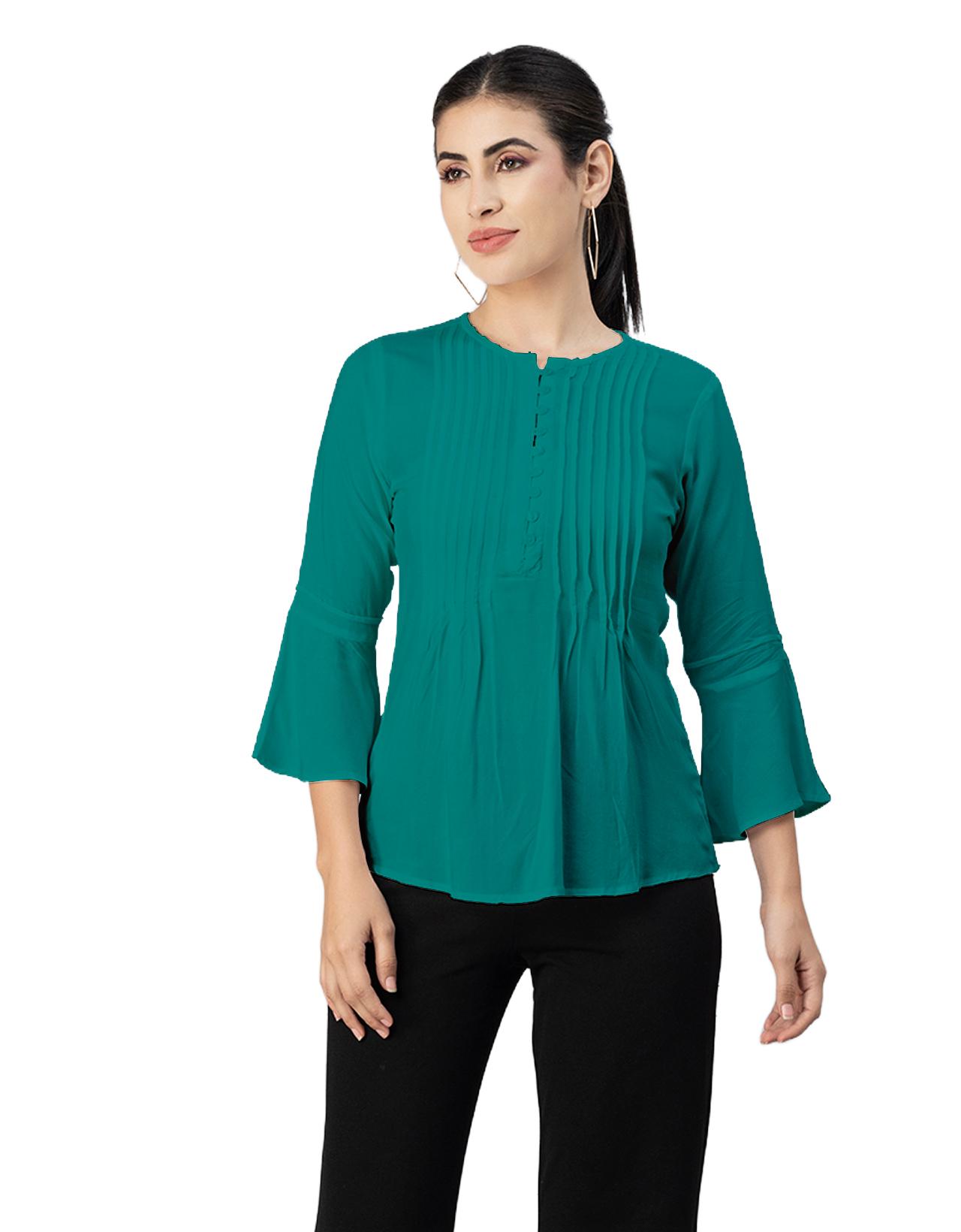 

Жіночий однотонний топ із рукавами-дзвони Moomaya, плісирована віскоза з круглим вирізом і ґудзиками XXL зелений