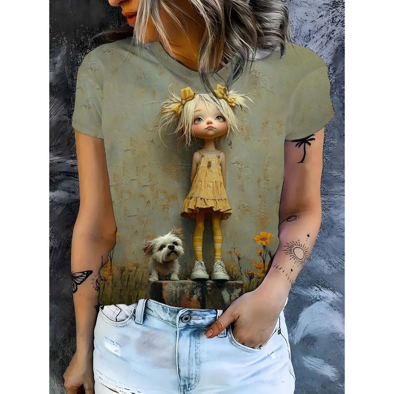 Modisches Damen Rundhals Kurzarm 3D Porträt Farbig Bedrucktes Porträt Kurzarm Rundhals T-Shirt