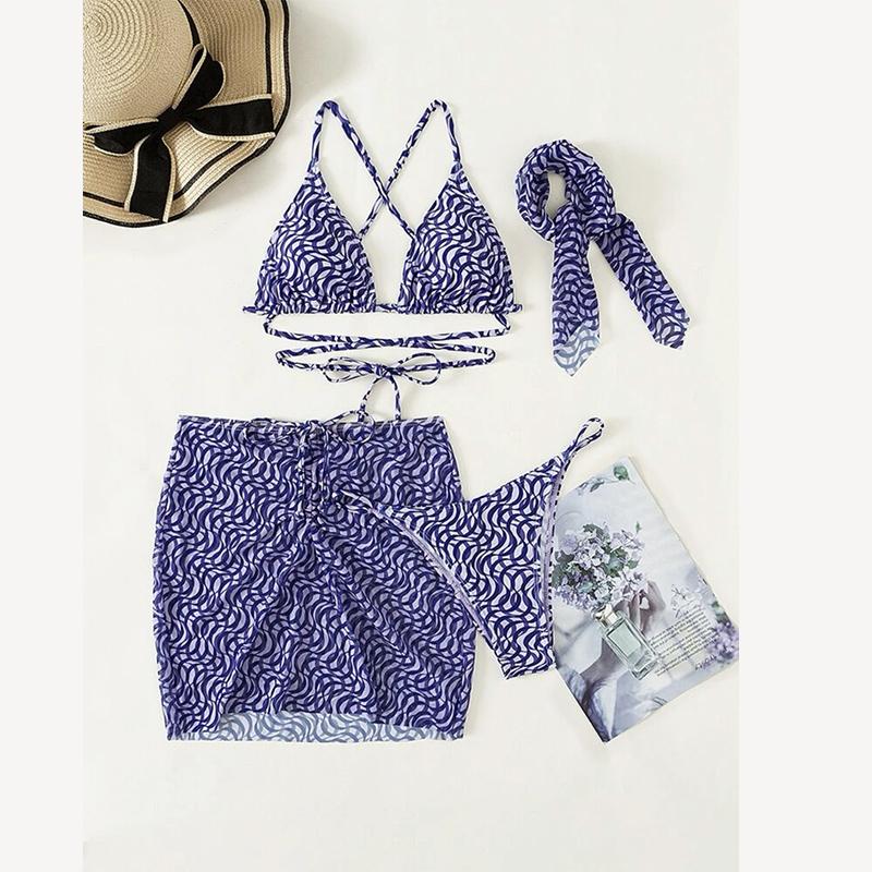 Striped Print Four Pieces Bikini Set Swimwear Women Swimsuit Female Bikini And Beach Skirt Bathing Suits Beachwear Swim
