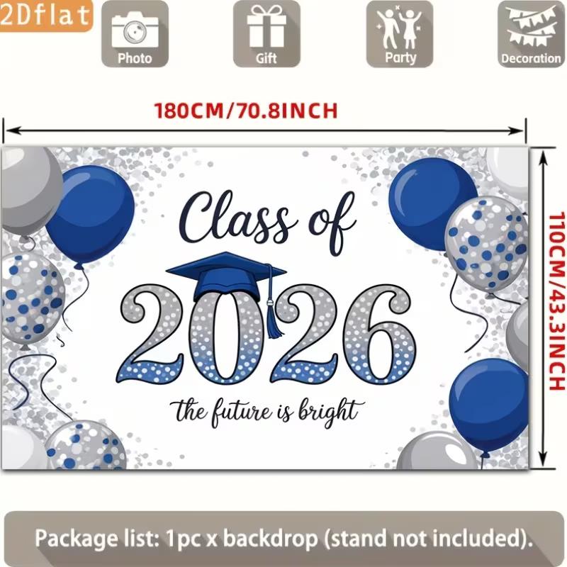 2D Class of 2026 Blue Silver Graduation Photo Booth Background Cloth