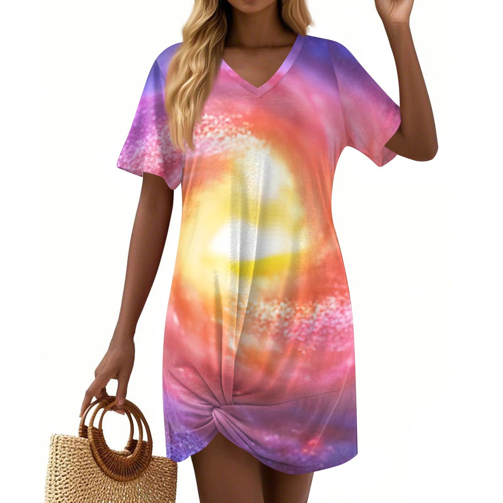 

Women s Fashion Casual Loose Printed Short Sleeve V-Neck Dresses XL жовтий