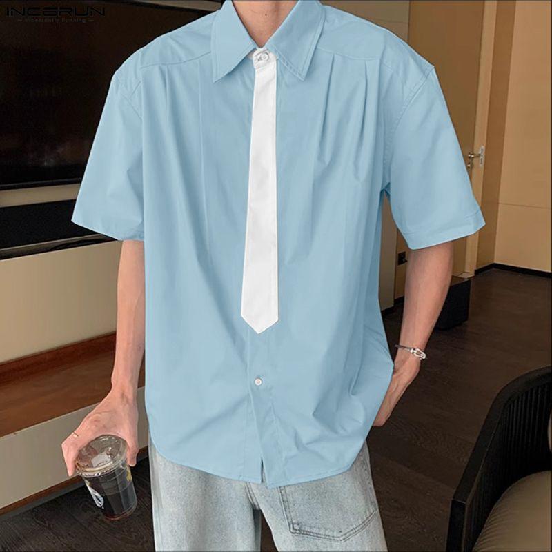 INCERUN Oversized Men Lapel Neck Short Sleeve Stitching Casual Loose Shirts