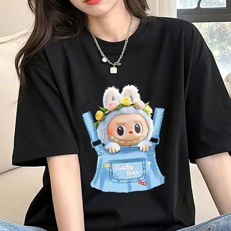 

Женская футболка с коротким рукавом, футболка с принтом Лабубу, летняя повседневная модная одежда, мультяшная милая аниме-топ для девочки L