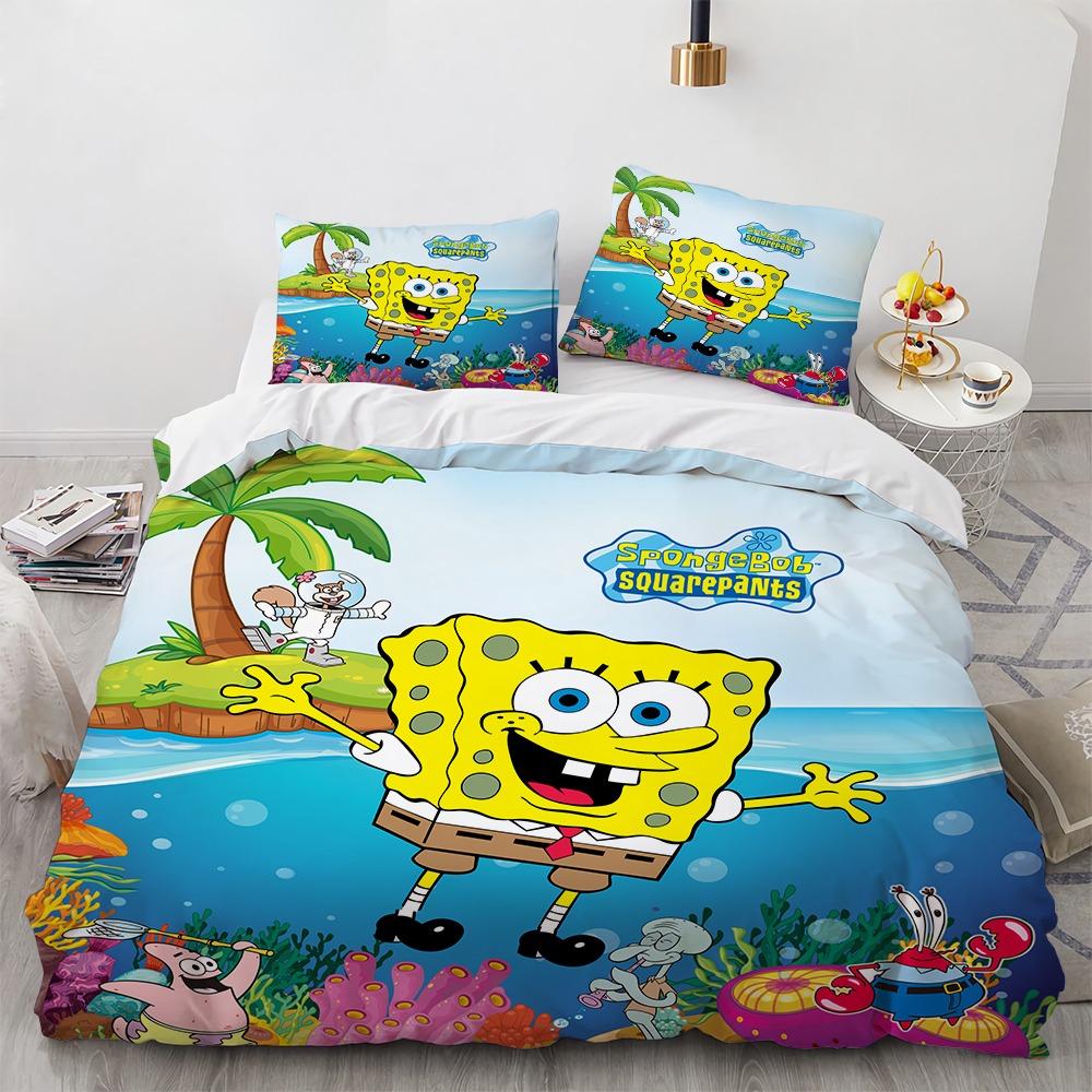 3D Cartoon S-Spongebob Bedding Set Polyester Duvet Cover Pillowcase Kids Bedroom Bed Twin Full Queen Size for Children Room Gift