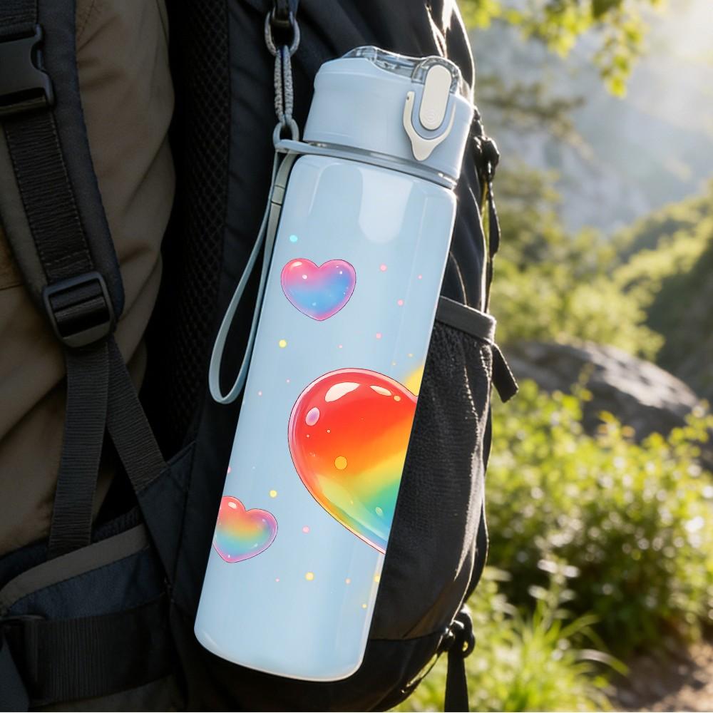 1PC Rainbow Gradient Heart Love Print 750ml Color Plastic Sports Water Bottle Leakproof Flip Straw Lid Suitable for Sports Office Home Use