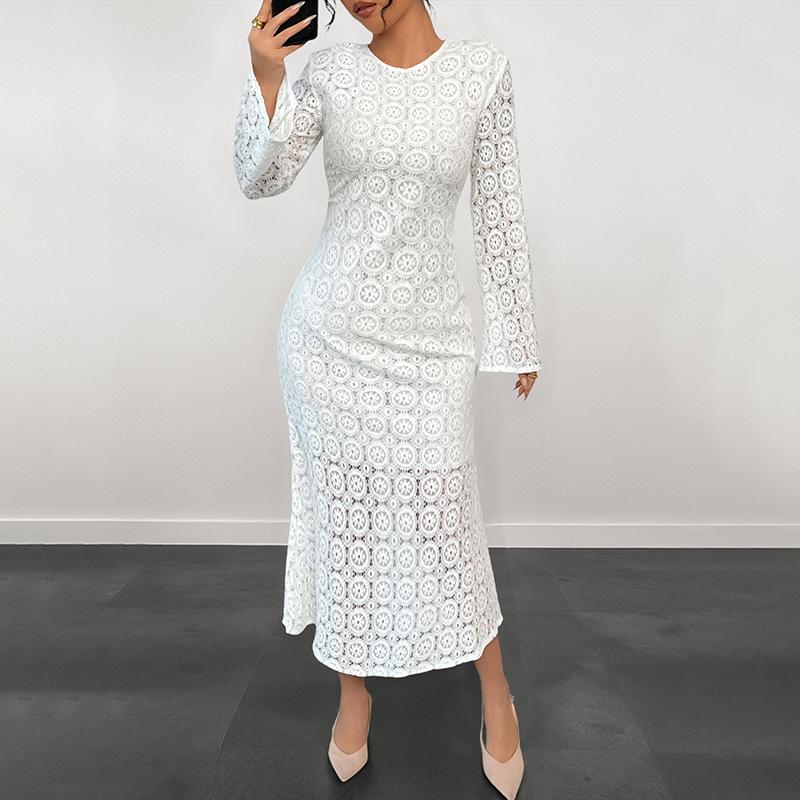 European & American 2025 Spring/Autumn Elegant Fishtail Skirt Long Sleeve Lace White Dress