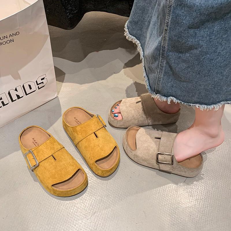 Boken Kapcie Damskie Letnie Skórzane Casualowe Płaskie Buty Jednoramienne Miękkie Klapki