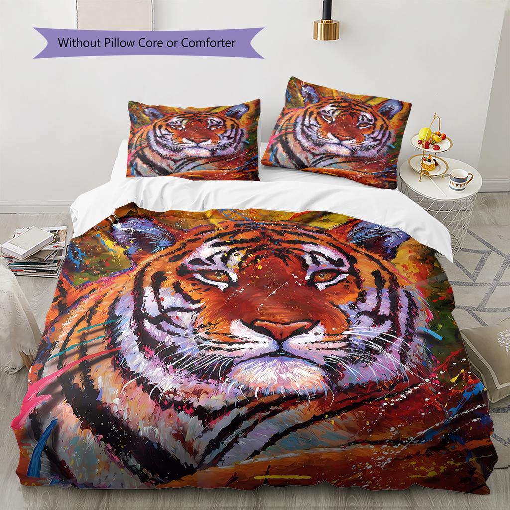 Tiger Fox Art Pattern Bedding Quilt Set Quilt Cover Pillowcase Home Decoration Gift (1 * Duvet Cover + 2 * Pillowcase, Without Core)