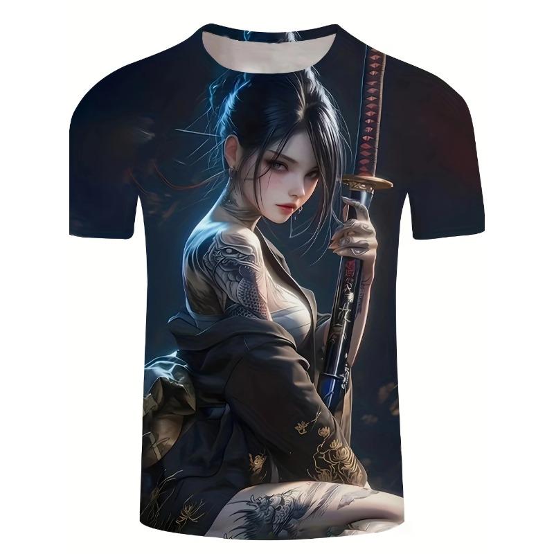 Men's 3D Printed T-shirt Japanese Folk Beautiful Women Hip-hop Style Breathable Light Crew Neck Top Unisex Casual Summer Style