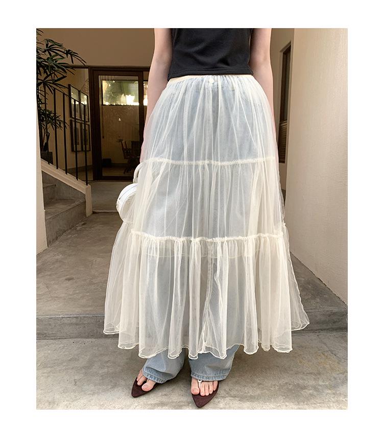 2025 Summer French Socialite Mesh Midi Skirt - Fashionable See-Through Design for Women