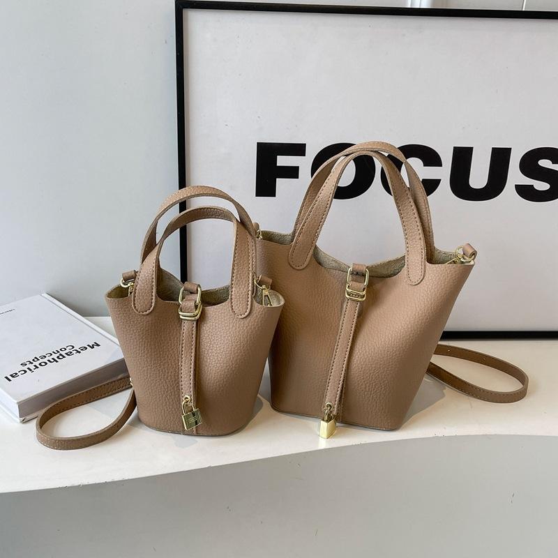 New High-end Lychee Pattern Small Lock Mother Bucket Bag Portable Single Shoulder Oblique Span Women's Bag