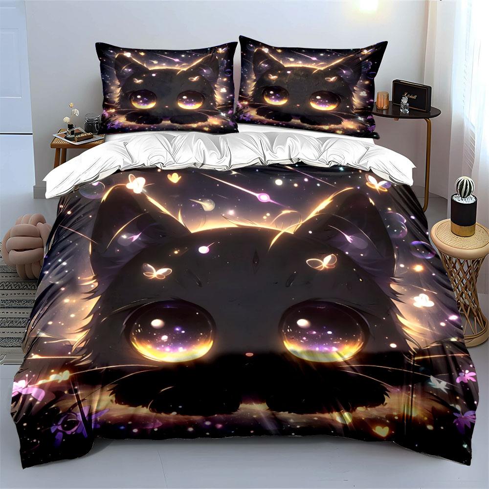 Adorable Fantasy Cat Night Decor Exquisite Three-Piece Bedding Set Gift For Kids And Adults