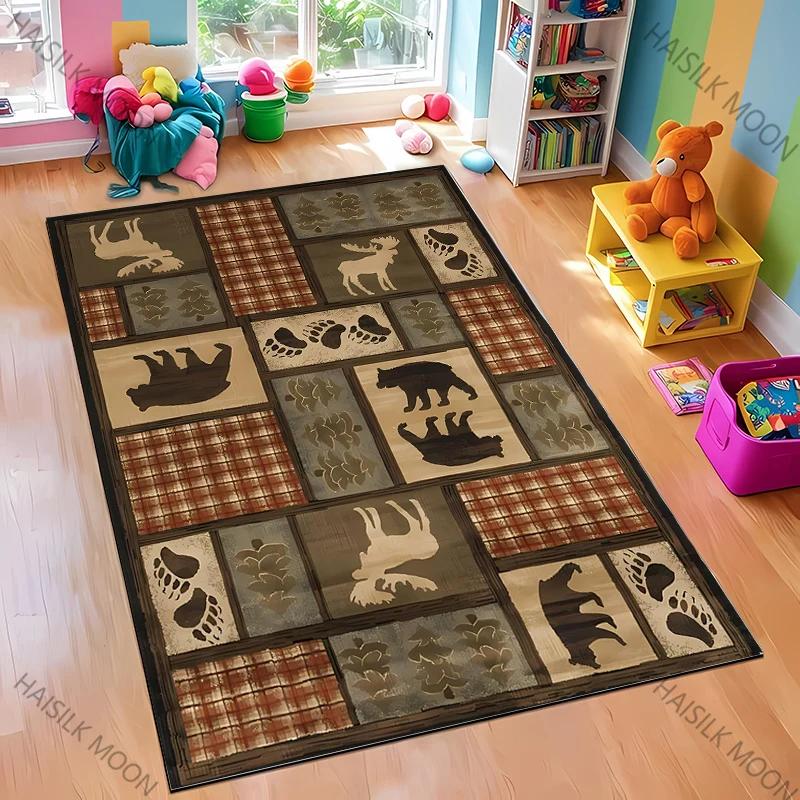 Dywan w stylu retro skandynawskim z motywem nadruku niedźwiedzia łosia, miękki dywan odpowiedni do jadalni, salonu, pokoju zabaw dla dzieci, mata podłogowa