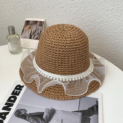 Pearl straw hat summer travel sunscreen sunshade bucket hat new straw seaside vacation net red hat