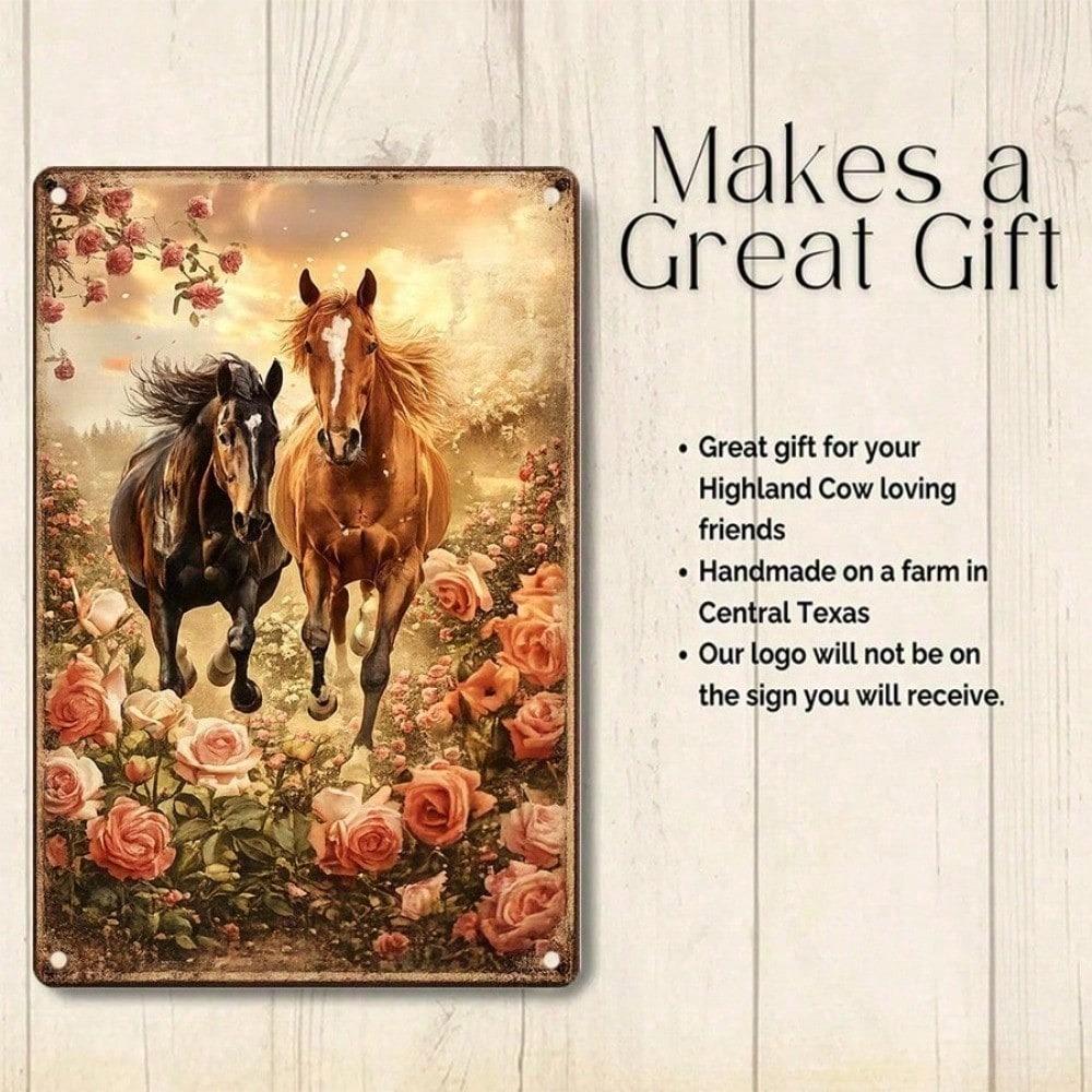 1pc Retro 2D Flat Tin Sign Two Horses in Floral Field 12x8in Vintage Metal Wall Decor for Living Room Kitchen Garden Outdoor