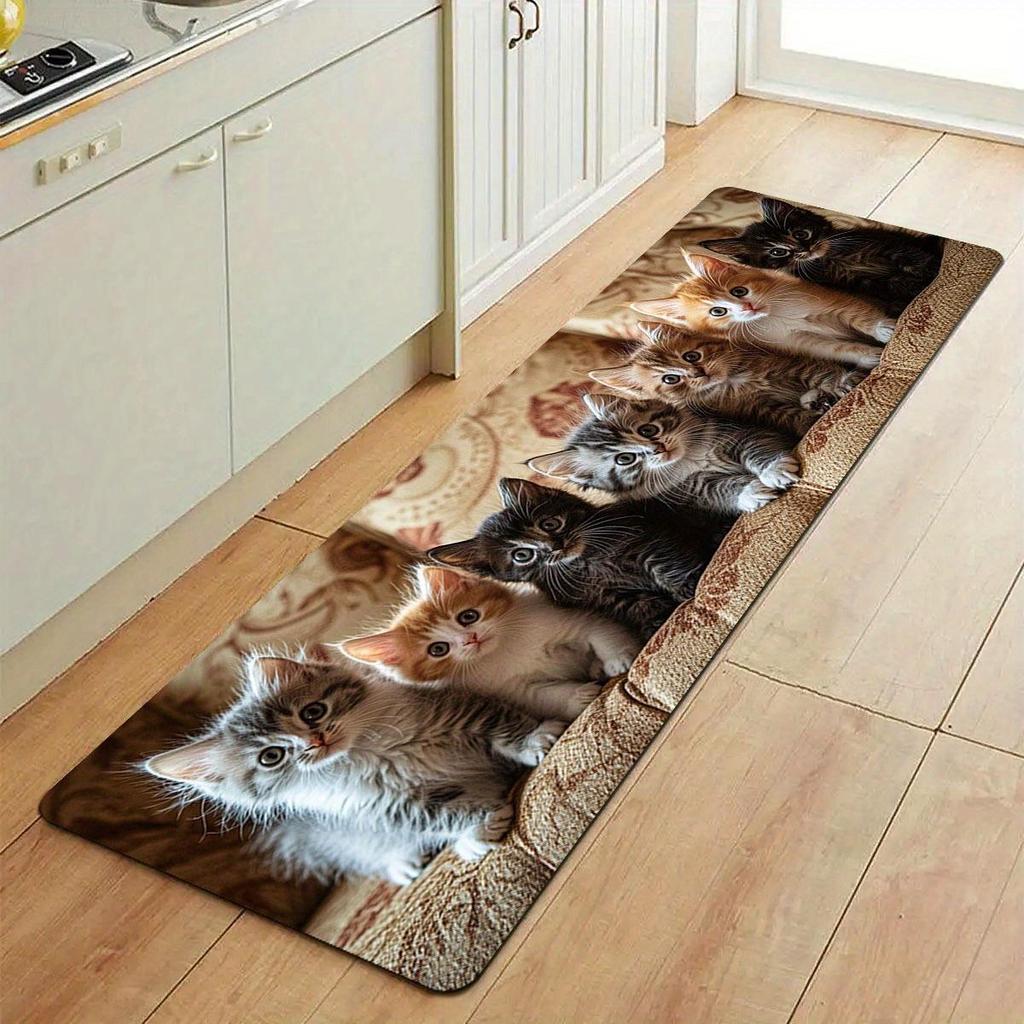 Non-Slip Waterproof Kitchen Mat with Kitten Print - Thick Cushioned Anti-Fatigue Comfort, Heavy Duty, 60cm X 180cm