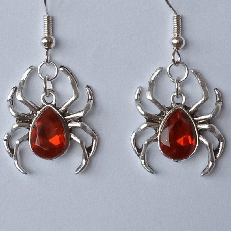 Black and Red Ruby Spider Earrings - Gothic Halloween Style