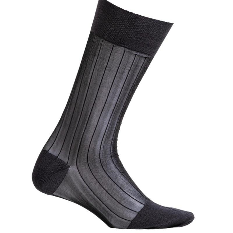 Mens Business Soft Breathable Nylon Sheer Dress Socks Thin See Through Silk Ribs Striped Calf Socks for Formal Use