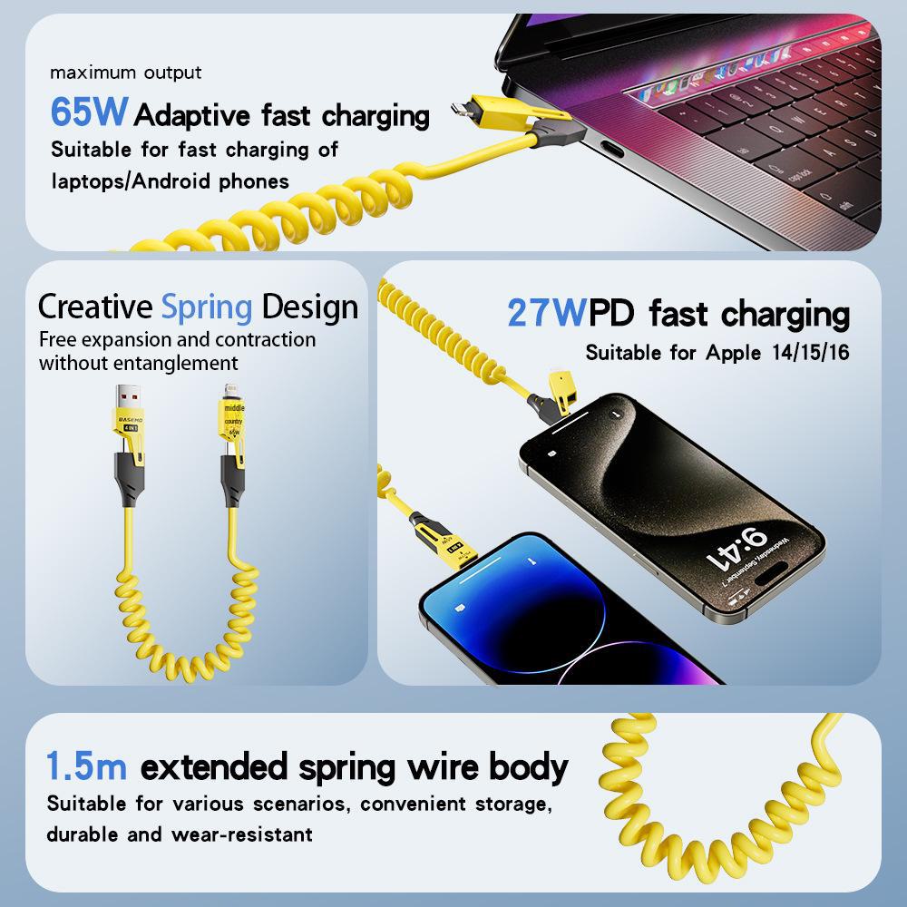 65W+27W Dual Magic Spring 4-in-1 Fast Charging Cable for Apple 16/14 & Huawei