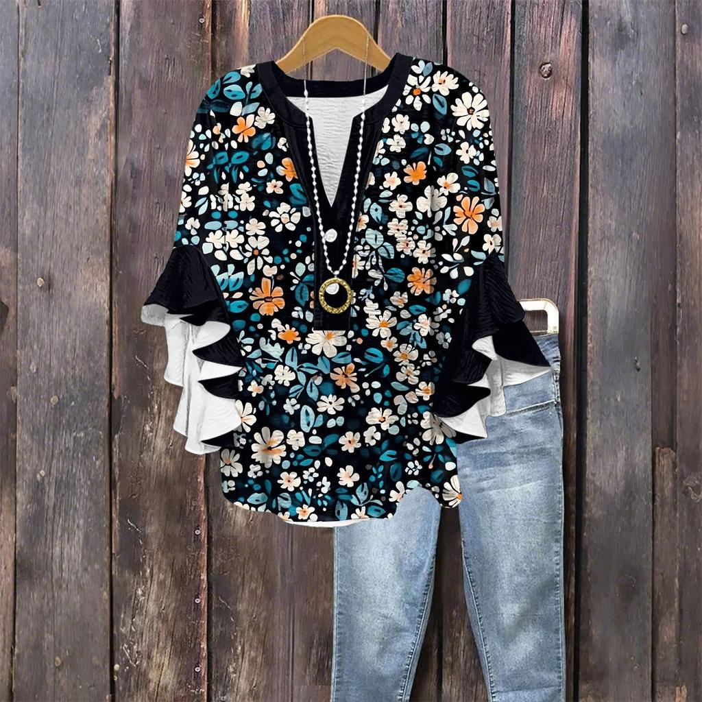 Tops For Women Cute Button V Neck 3/4 Sleeve Blouses Print Top Casual Shirts