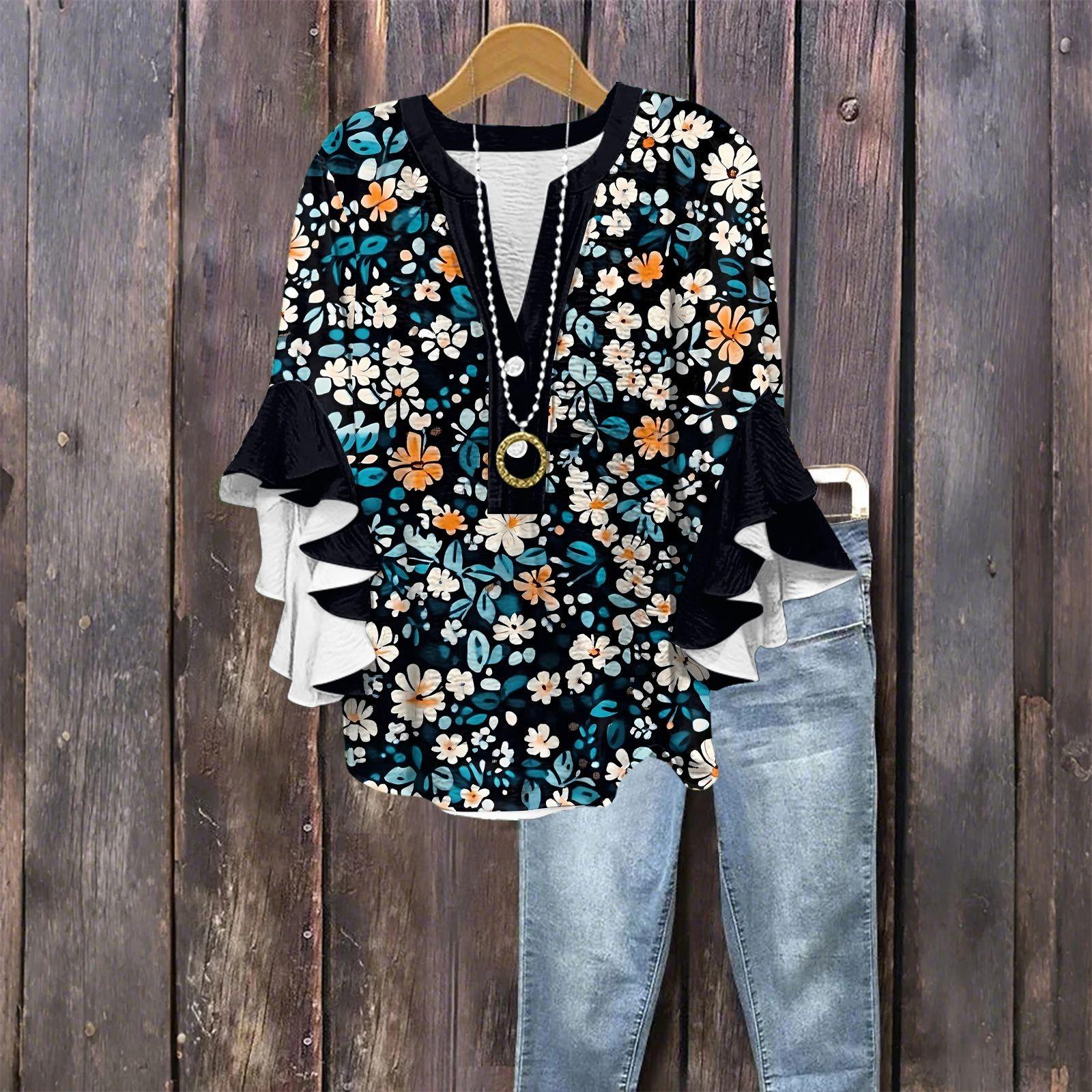 

Топы для женщин Милые блузки с V-образным вырезом на пуговицах с рукавом 3/4 Принтованный топ Повседневные рубашки M тёмно-синий