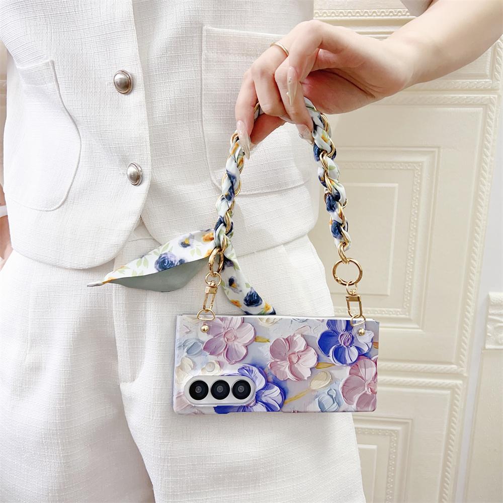 Relief Flower Phone Case For Samsung Galaxy Z Fold 7 5G Scarves Bracelet Hand Strap Protective PC Hard Shell Fold7 Back Cover