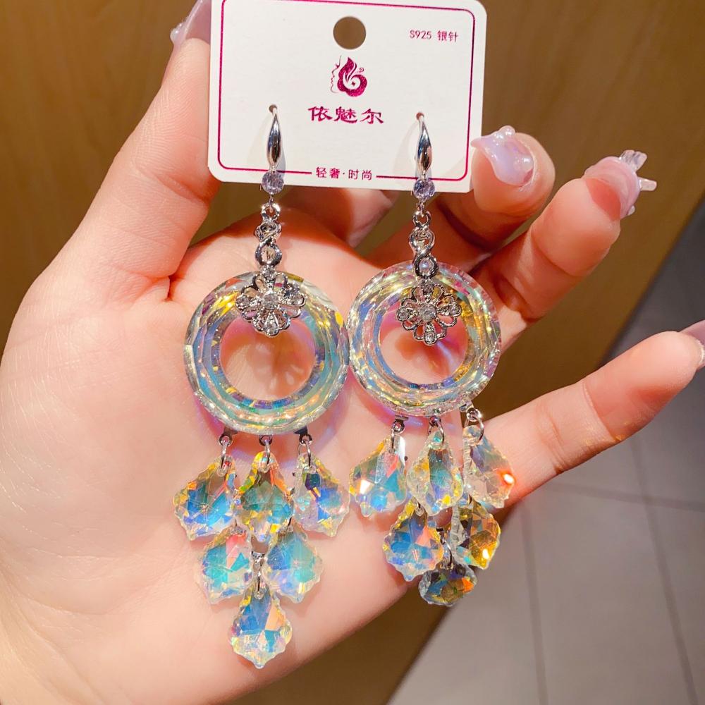 New Colorful Flower Tassel Crystal Long Dangle Drop Earrings for Women Korea Fashion Luxury Wedding Party Banquet Jewelry