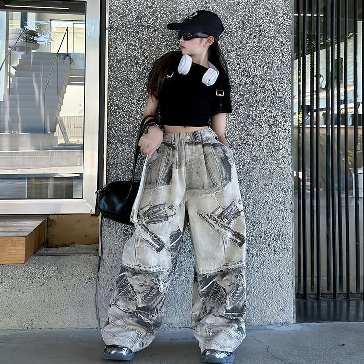 

2024 Дівчачий ретро вуличний стиль тай-дай джинси прямого крою та комплект з коротким рукавом 140 cm