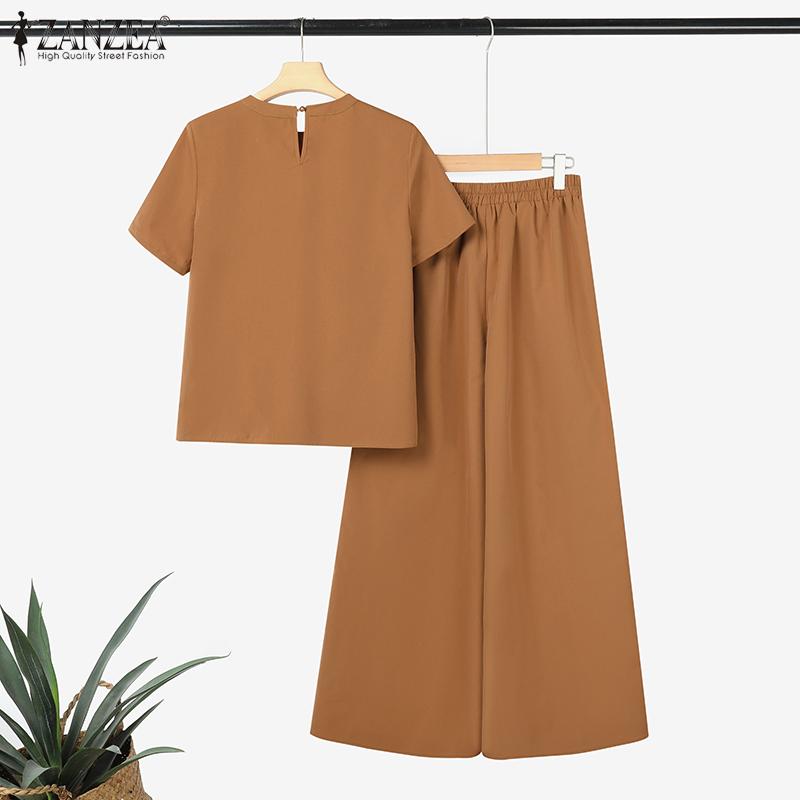 ZANZEA Women Short Sleeve Blouse and Wide Leg Pants Casual Two Piece Sets