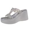 2025 new slippers women's summer fashion versatile outer wear heightened thick bottom slope heel rhinestone premium high heel cool slippers