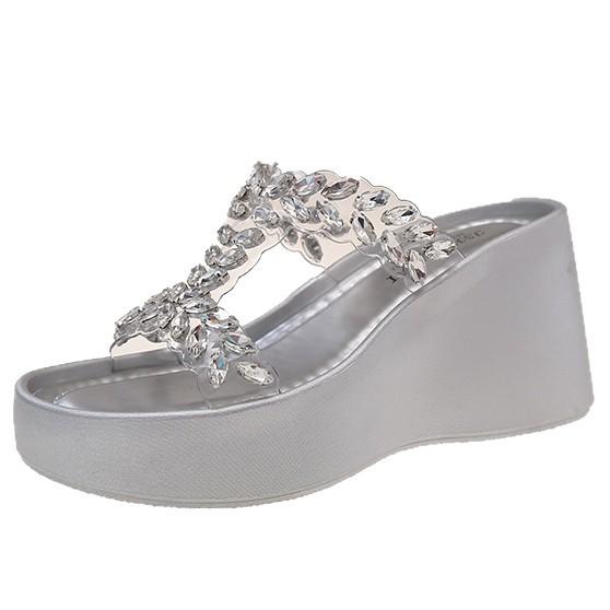2025 new slippers women's summer fashion versatile outer wear heightened thick bottom slope heel rhinestone premium high heel cool slippers