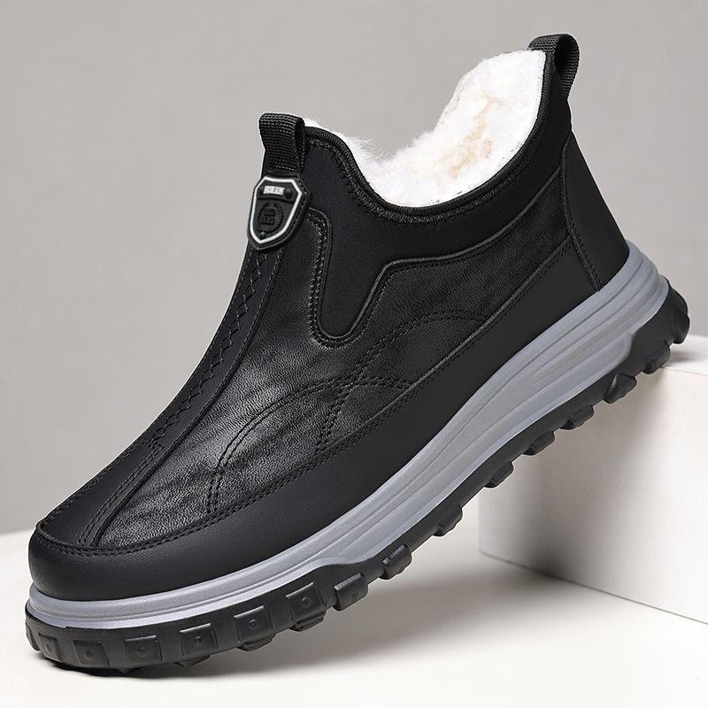 

Winter new cotton shoes velvet thickened versatile leather surface middle help warm snow boots cold resistance one pedal middle-aged father 39