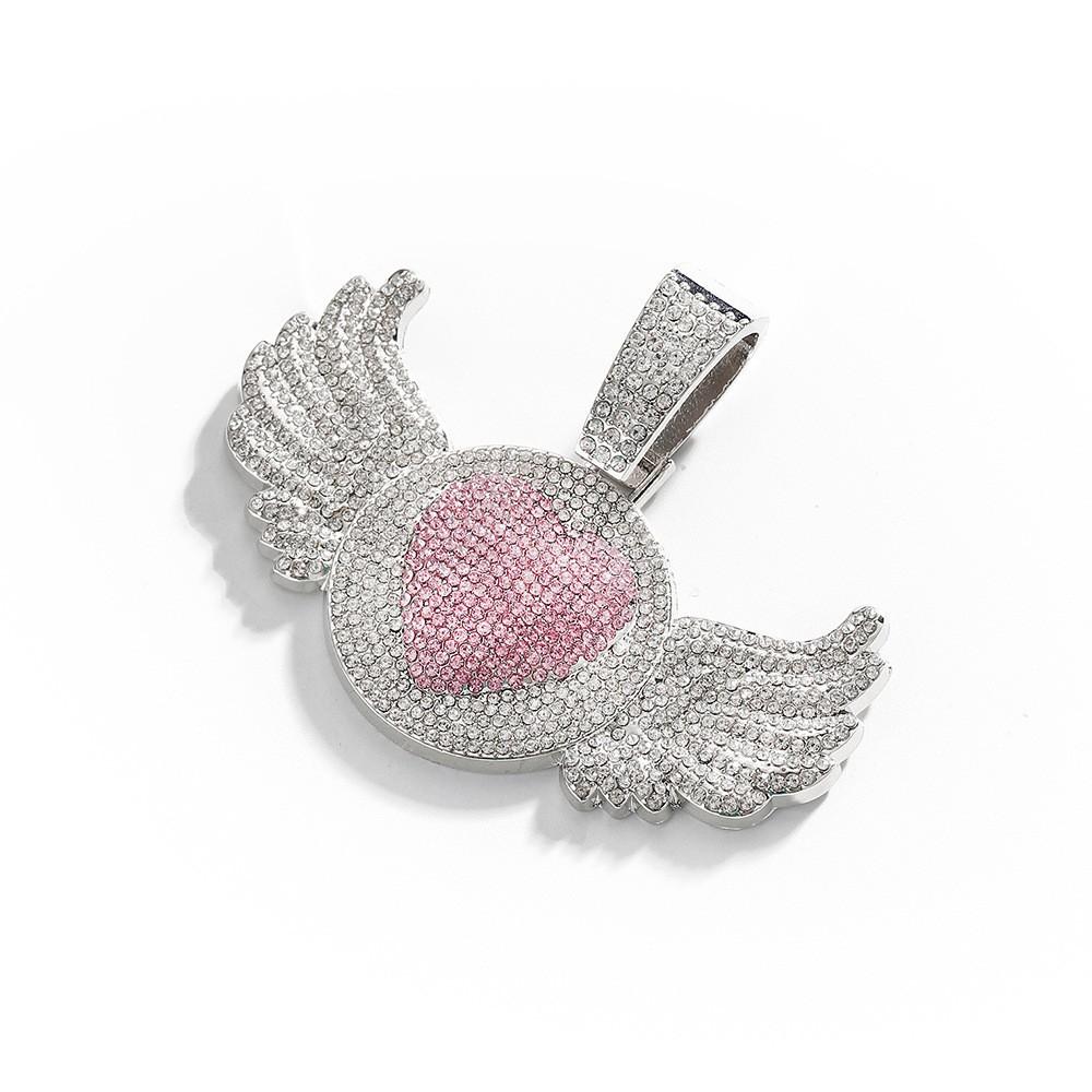 Hip Hop Rap Trendy Creative Pink Diamond Love Angel Wing Pendant Necklace Pink Diamond Love Men's Necklace