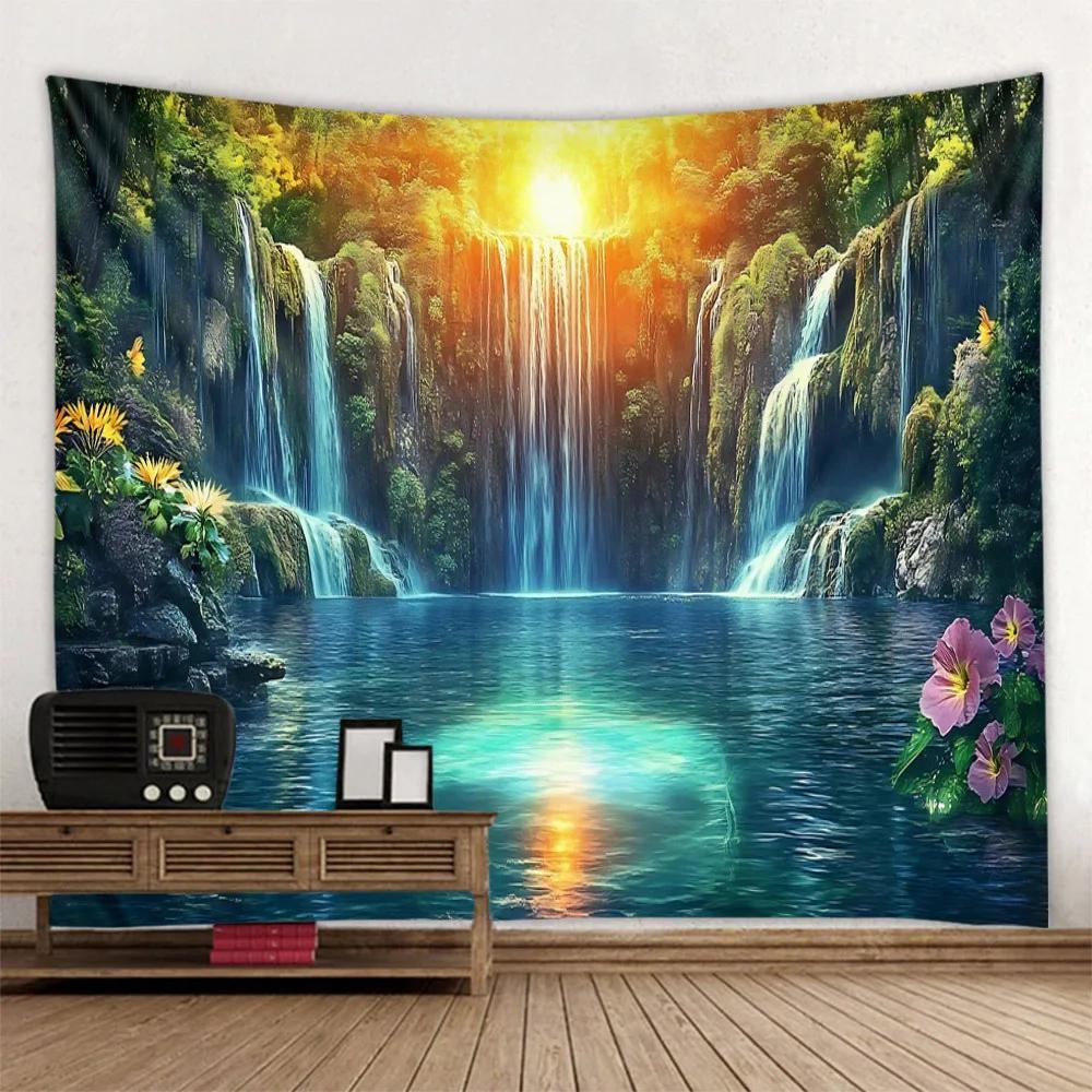 Red Forest Sky Jungle Waterfall Tapestry Bohemian Wall Hanging Home Art Fabric Mural Background Decoration Poster