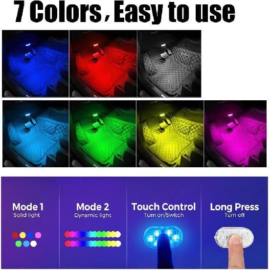 4PCS Wireless Car Interior LED Lights 7Colors USB Rechargeable Car LED Touch Light with 6 Super Bright LED Lamp Beads Car Interior Ambient Light