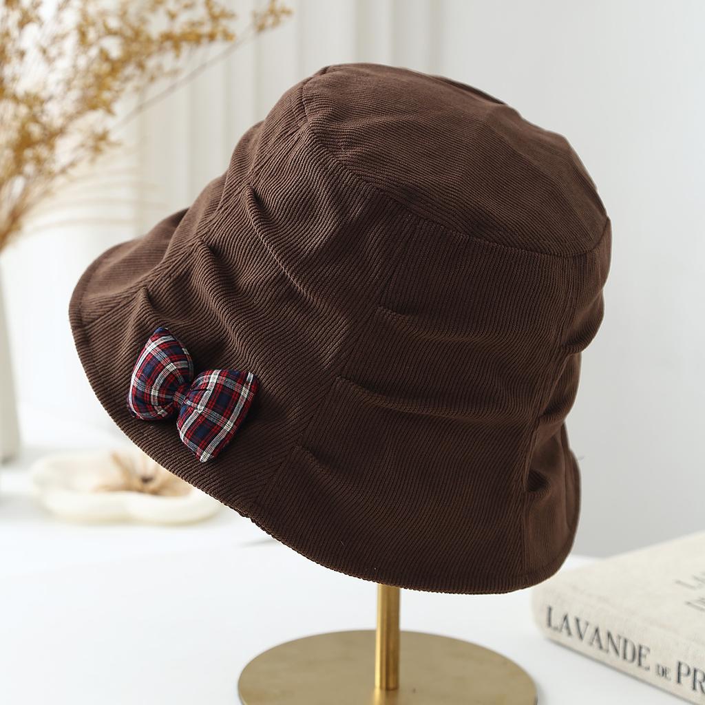 Age reducing plaid bow bucket hat women autumn and winter warm versatile front long rear short brim basin hat