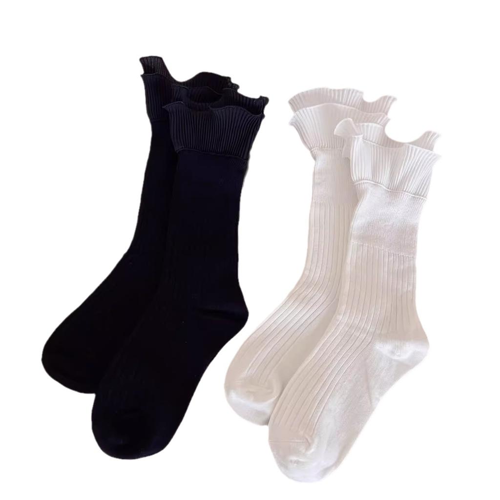 Double-layer Ruffled Three-dimensional Cut Mid-tube Slouch Socks, Thin Summer Black and White Solid Color Vintage Socks for Women, Japanese Style JK