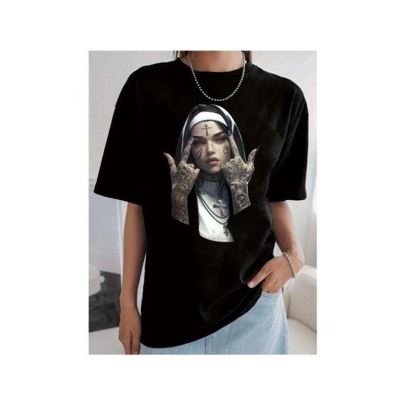 

Ladies avant-garde nun tattoo printed T-shirt - round neck casual street style top, fashionable T-shirt for daily comfortable wearing S