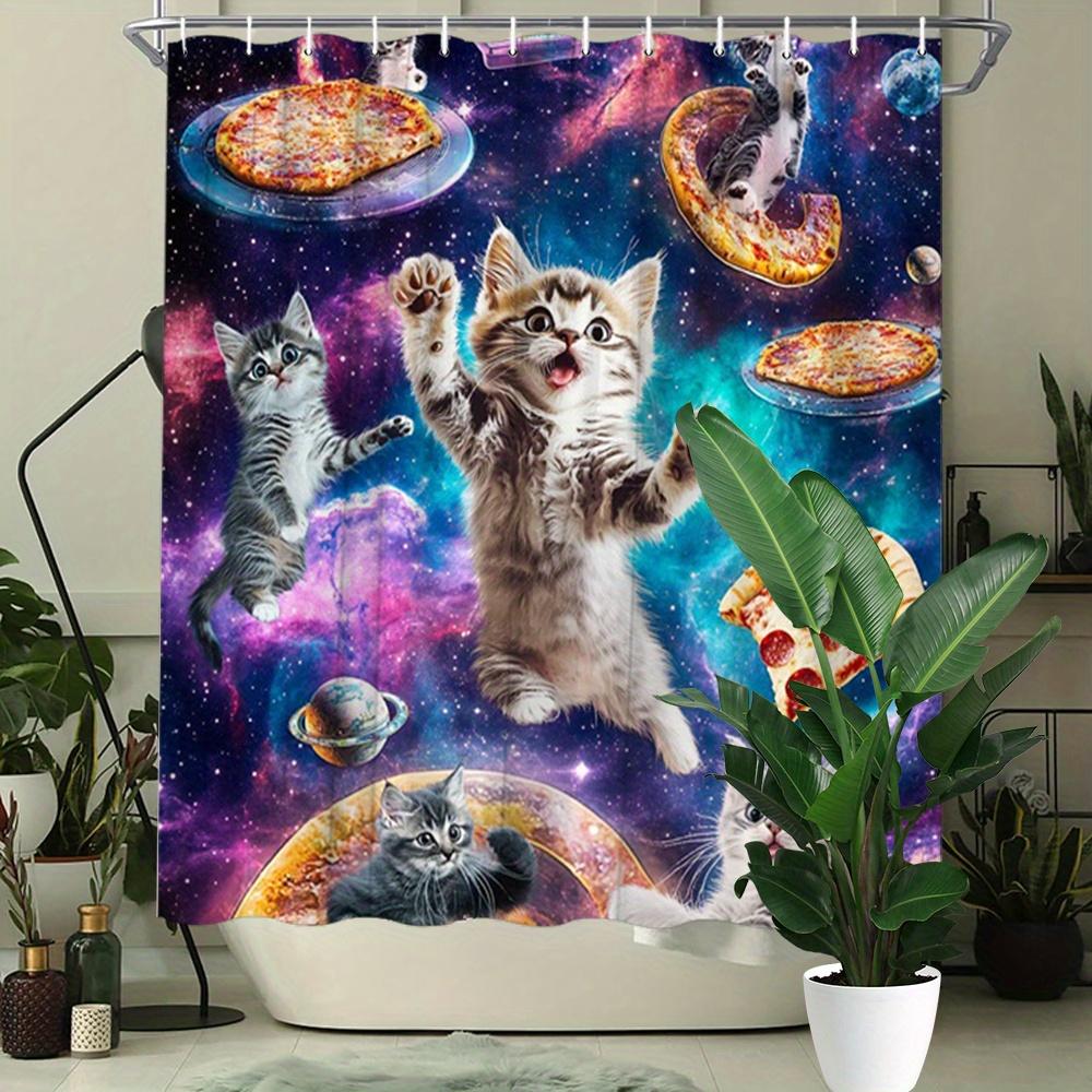 Transform Your Bathroom with a Waterproof Shower Curtain Featuring Adorable Cats and Pizza in Space for Fun and Style