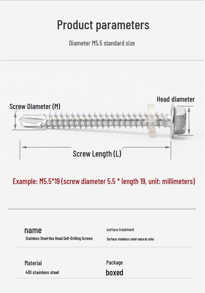 Rust-Proof 410 Stainless Steel M5.5 Hex Head Self-Drilling Self-Tapping Screw