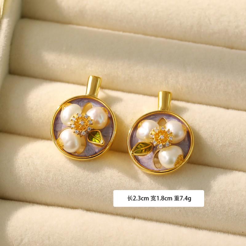 Handmade Baroque Pearl Earrings With Impressionist Garden Design Post Copper Base Matte Gold Green Finish